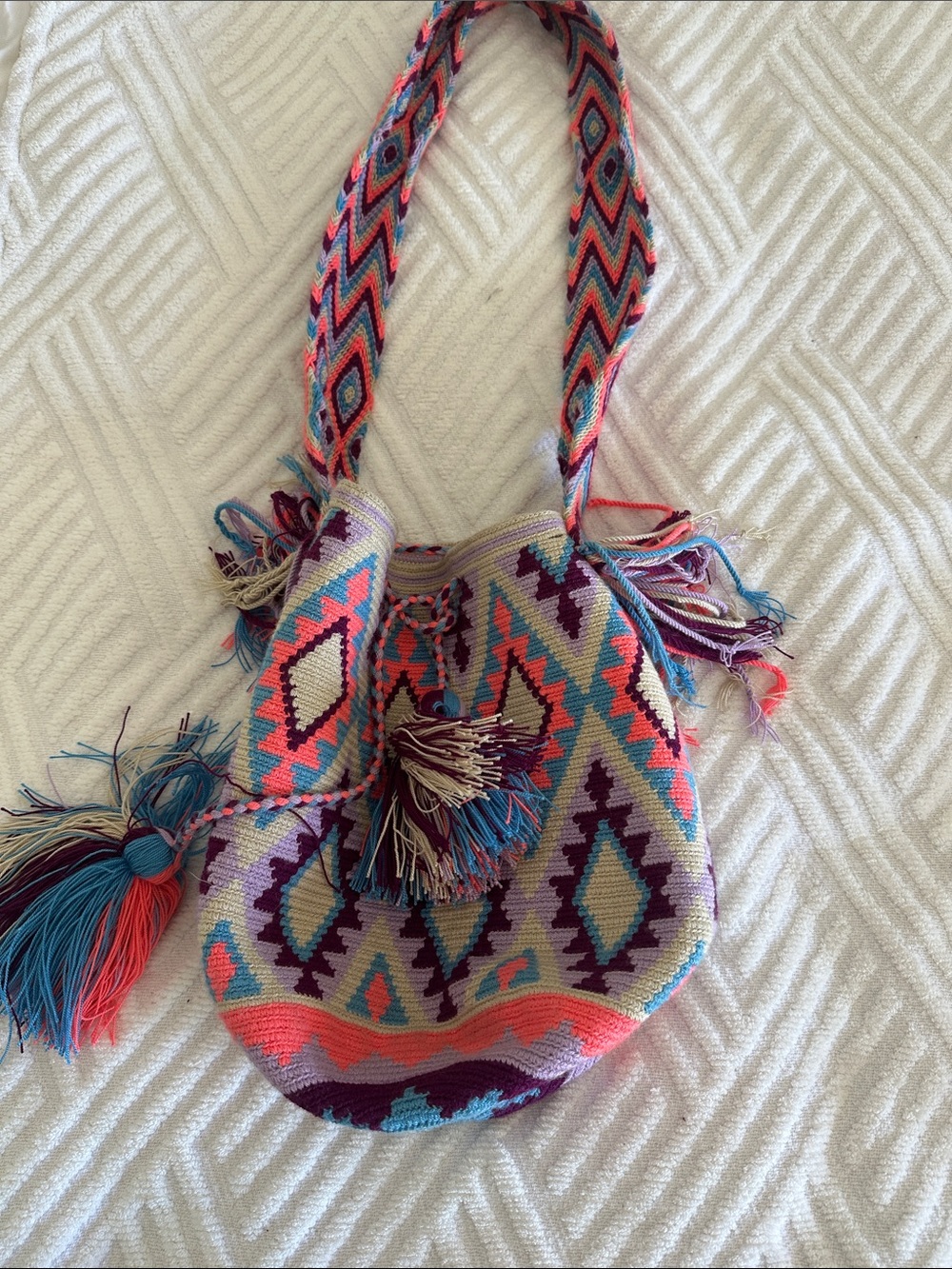 Handwoven Boho Crossbody Bag in Coral, Teal & Purple
